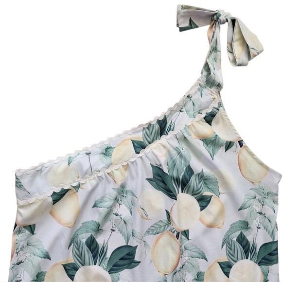Maxi Dress Sz L Green Yellow Lemons One Shoulder Tiered Rick Rack Trim Summer - Picture 6 of 10